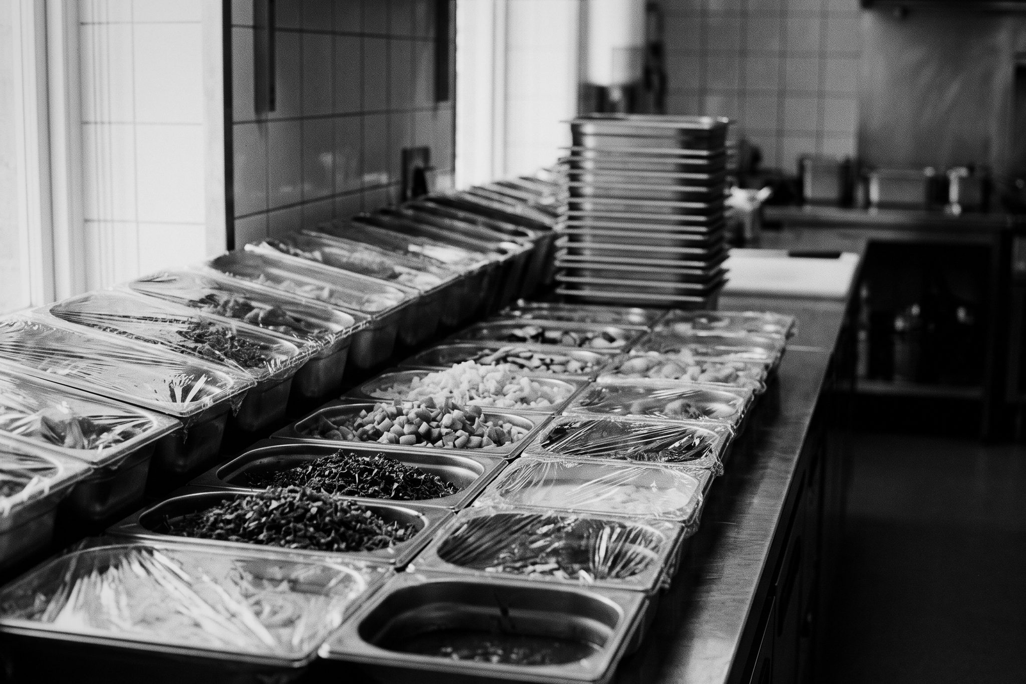 Steel containers of chopped vegetables and herbs under cling film on a long kitchen counter.