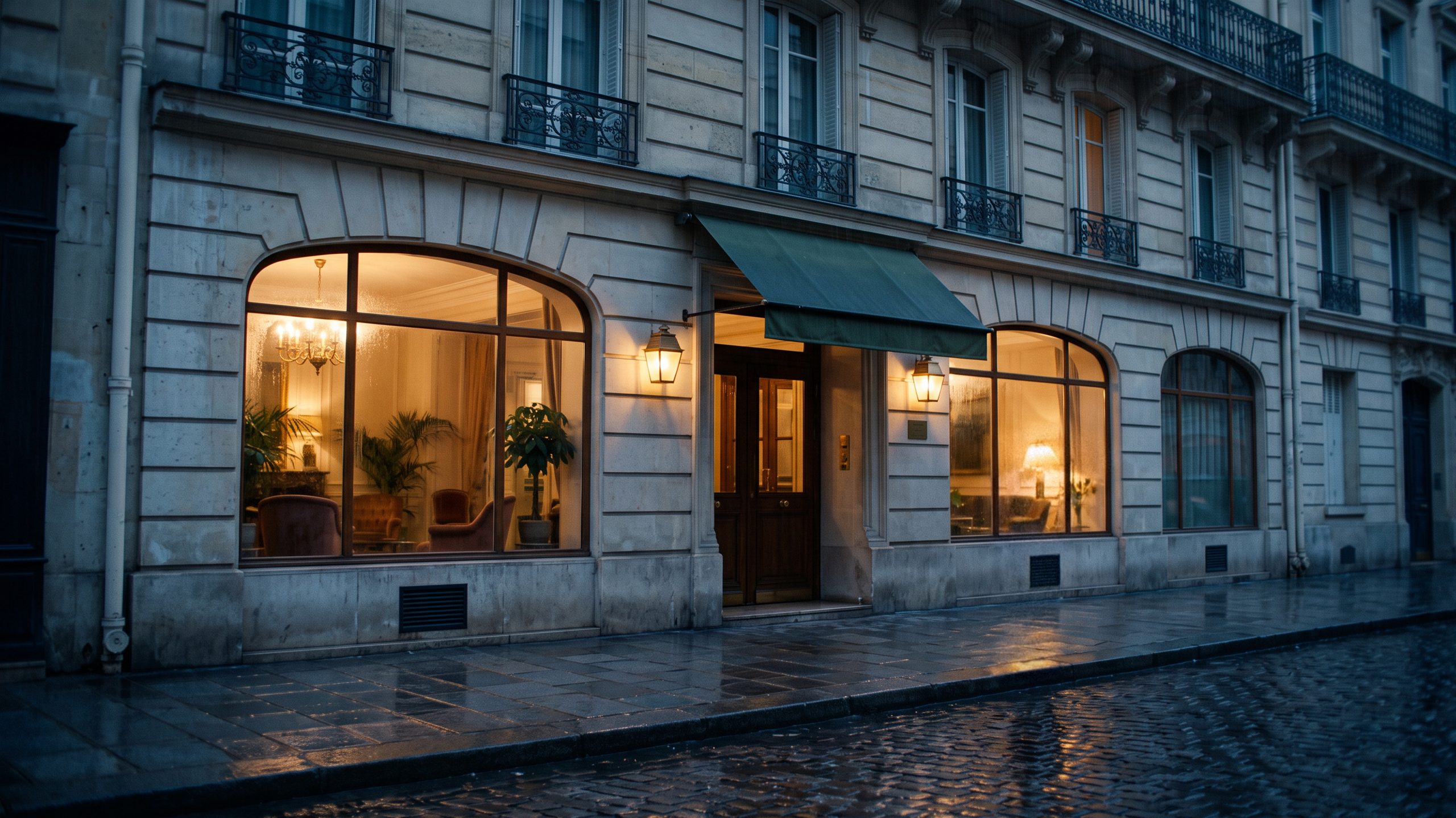 The lobby window and entrance of a city hotel in an old stone building.